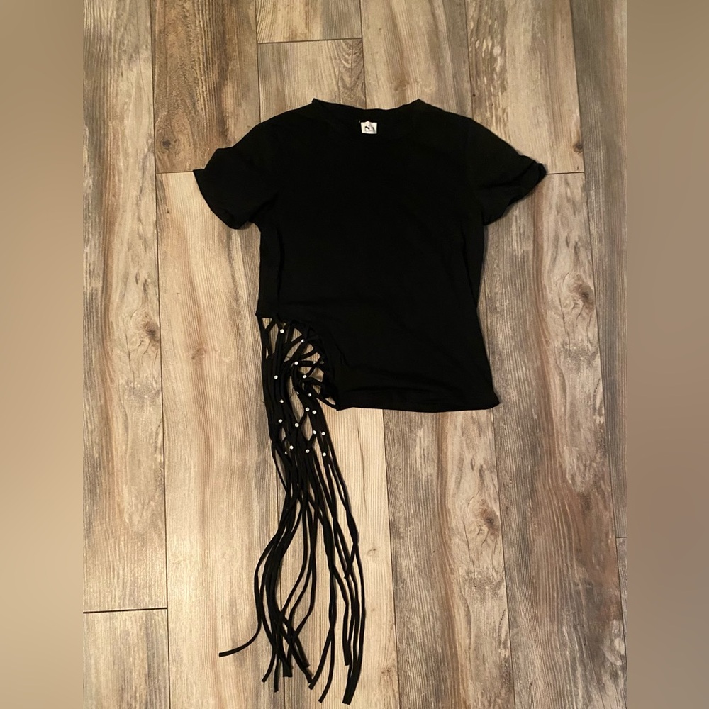 Ladies black top with rhinestones and fringes. Black